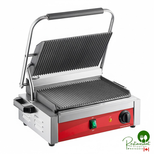 PG200 Commercial Panini Sandwich Grill with Grooved Plates and 13 3/8" x 8 3/4" Cooking Surface - 120V, 1750W By Prime