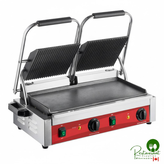PG400GS Commercial Dual Panini Sandwich Grill with Grooved Top and Smooth Bottom Plates, and 19 5/8" x 9 1/8" Cooking Surface - 120V, 3500W By Prime