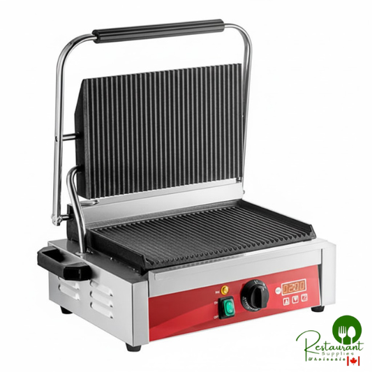 PG200T Commercial Panini Sandwich Grill with Timer, Grooved Plates, and 13 3/8" x 8 3/4" Cooking Surface - 120V, 1750W By Prime