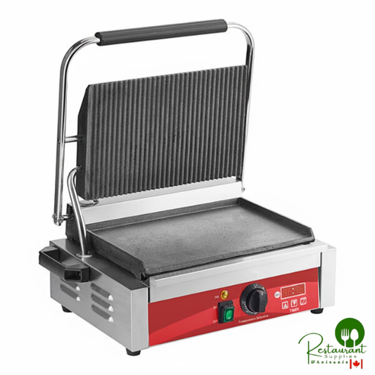 PG200GST Commercial Panini Sandwich Grill with Timer, Grooved Top and Smooth Bottom Plates, and 13 3/8" x 8 3/4" Cooking Surface - 120V, 1750W By Prime