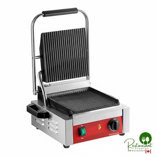 PG100 Commercial Panini Sandwich Grill with Grooved Plates and 8 1/2" x 8 1/2" Cooking Surface - 120V, 1750W By Prime