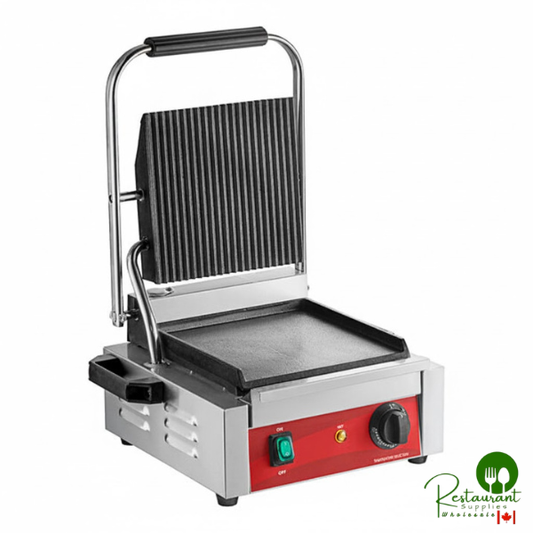 PG100GS Commercial Panini Sandwich Grill with Grooved Top and Smooth Bottom Plates, and 8 1/2" x 8 1/2" Cooking Surface - 120V, 1750W By Prime