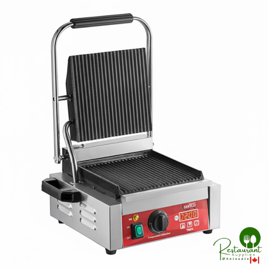 PG100T Commercial Panini Sandwich Grill with Timer, Grooved Plates, and 8 1/2" x 8 1/2" Cooking Surface - 120V, 1750W By Prime