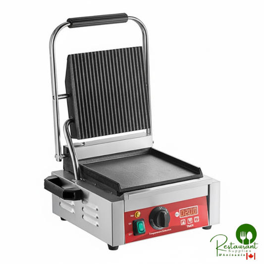 PG100GST Commercial Panini Sandwich Grill with Timer, Grooved Top and Smooth Bottom Plates, and 8 1/2" x 8 1/2" Cooking Surface - 120V, 1750W By Prime