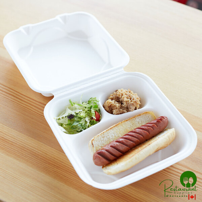 Eco-Products EP-HC83 8" x 8" x 3" White Compostable 3-Compartment Sugarcane Takeout Container - 200/Case