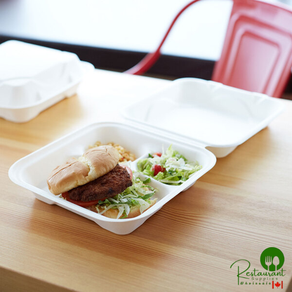 Eco-Products EP-HC93 9" x 9" x 3" White Compostable 3-Compartment Sugarcane Takeout Container - 200/Case