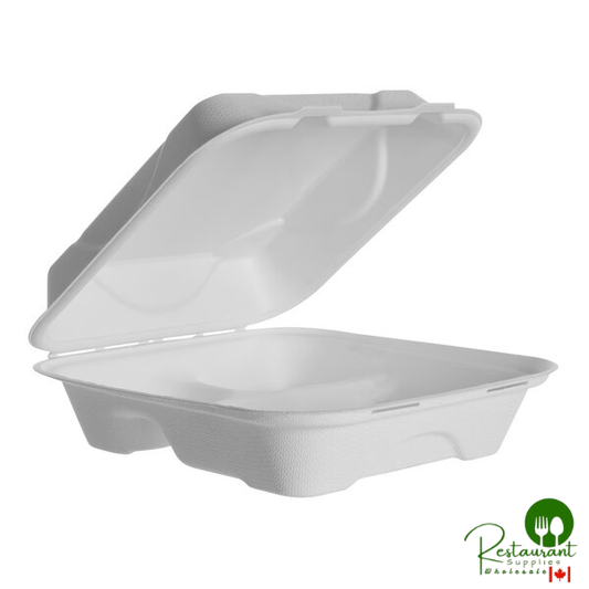 Eco-Products Vanguard 8" x 8" x 3" 3-Compartment Compostable Sugarcane Clamshell Container - 200/Case