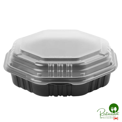 Solo 809011-PP94 Creative Carryouts OctaView Supreme 9" x 9" x 3" Black Microwaveable Plastic Hinged Take-Out Container - 100/Case