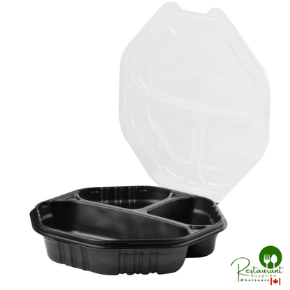 Solo 809014-PP94 Creative Carryouts OctaView Supreme 9" x 9" x 3" Black 3-Compartment Microwaveable Plastic Hinged Take-Out Container - 100/Case