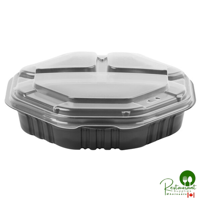 Solo 809014-PP94 Creative Carryouts OctaView Supreme 9" x 9" x 3" Black 3-Compartment Microwaveable Plastic Hinged Take-Out Container - 100/Case