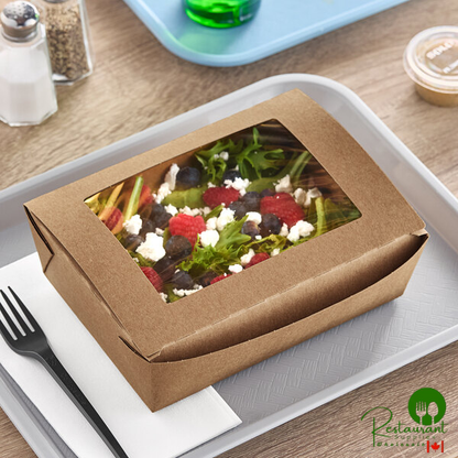 Fold-Pak Bio-Plus View #3 7 3/4" x 5 1/2" x 2 1/2" Kraft Microwavable Folded Poly-Lined Paperboard Take-Out Container with Window - 160/Case