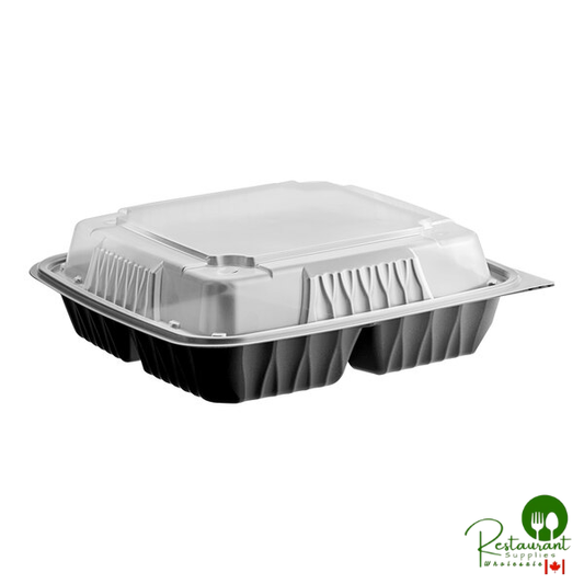 Ecopax 9" x 9" x 3" 3-Compartment Mineral-Filled Plastic Microwaveable Black Take-Out Container with Lid - 150/Case