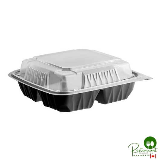 Ecopax 8" x 8" x 3" 3-Compartment Mineral-Filled Plastic Microwaveable Black Take-Out Container with Lid - 150/Case