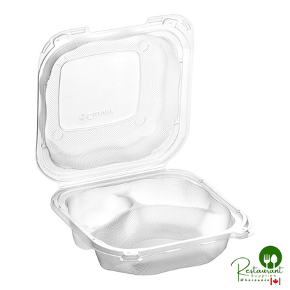Genpak Clover 7 1/2" x 7 1/2" x 3" Microwavable 3-Compartment Clear Plastic Hinged Container - 150/Case