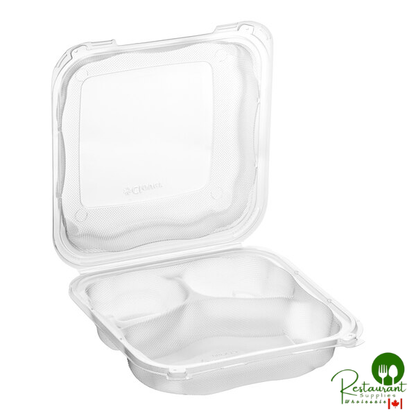 Genpak Clover 9" x 9" x 3" Microwavable 3-Compartment Clear Plastic Hinged Container - 150/Case