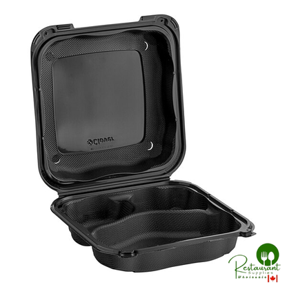 Genpak Clover 9" x 9" x 3" Microwavable 3-Compartment Black Plastic Hinged Container - 150/Case