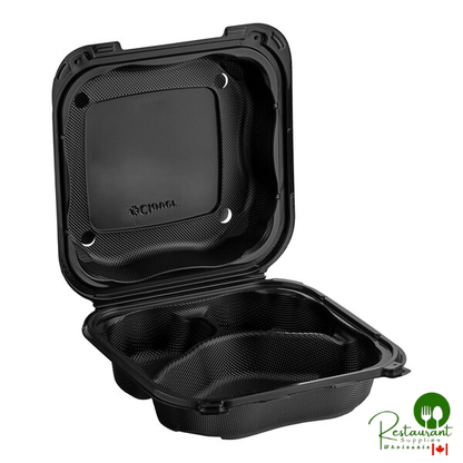 Genpak Clover 8" x 8" x 3" Microwavable 3-Compartment Black Plastic Hinged Container - 150/Case