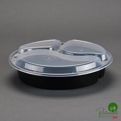Pactiv Newspring NC9388B Black 39 oz. VERSAtainer Round Microwavable 3 Compartment Container with Lid - 150/Case