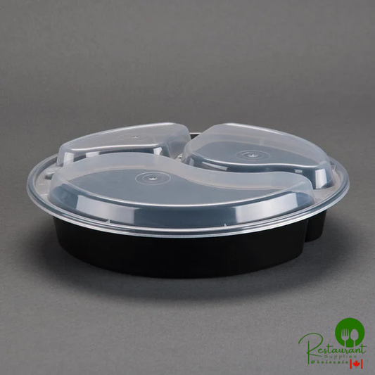 Pactiv Newspring NC9388B Black 39 oz. VERSAtainer Round Microwavable 3 Compartment Container with Lid - 150/Case