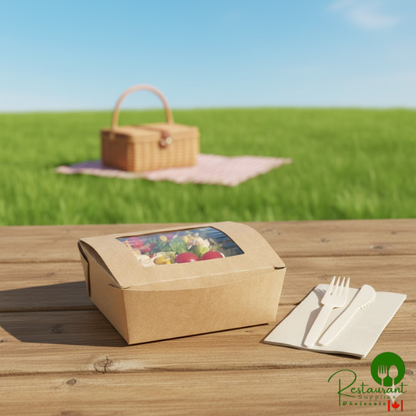 Fold-Pak Bio-Plus View #2 7 3/4" x 5 1/2" x 1 7/8" Kraft Microwavable Folded Poly-Lined Paperboard Take-Out Container with Window - 160/Case
