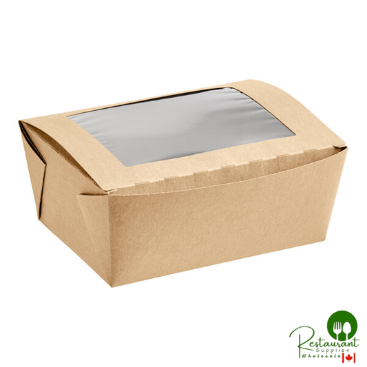 Fold-Pak Bio-Plus View #4 7 3/4" x 5 1/2" x 3 1/2" Kraft Microwavable Folded Poly-Lined Paperboard Take-Out Container with Window - 140/Case