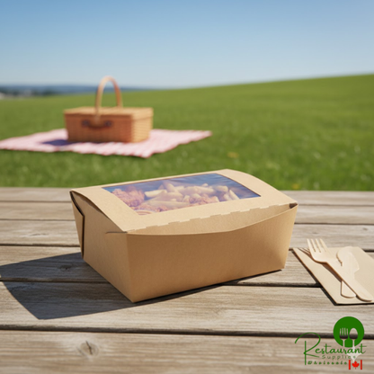 Fold-Pak Bio-Plus View #4 7 3/4" x 5 1/2" x 3 1/2" Kraft Microwavable Folded Poly-Lined Paperboard Take-Out Container with Window - 140/Case