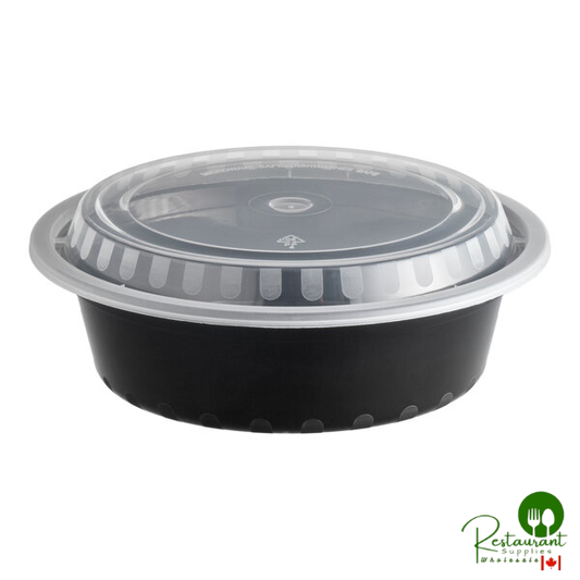 32 oz. Black Round Microwavable Heavy Weight Container with Lid By Prime - 150/Case