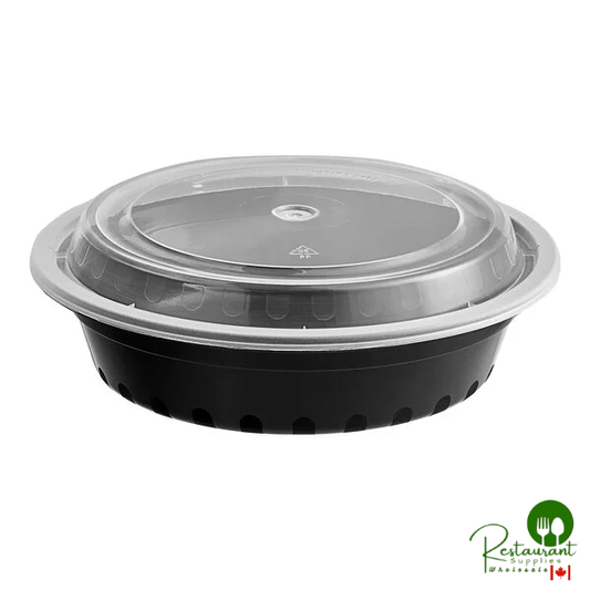 24 oz. Black Round Microwavable Heavy Weight Container with Lid By Prime - 150/Case