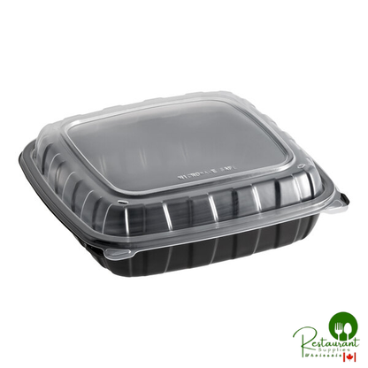 9" x 9" x 3" Microwavable 1-Compartment Black / Clear Plastic Hinged Container By Prime - 100/Case