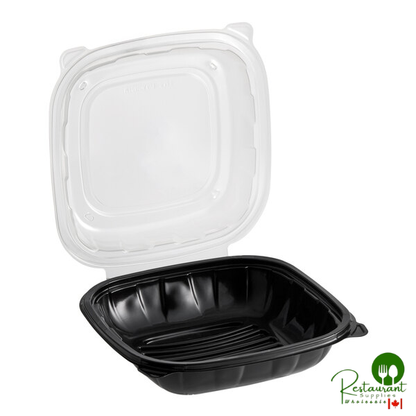 8" x 8" x 3" Microwaveable 1-Compartment Black / Clear Plastic Hinged Container By Prime - 100/Case