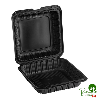 9" x 9" x 3" 1-Compartment Microwaveable Black Mineral-Filled Plastic Hinged Take-Out Container By Prime - 150/Case