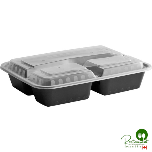 36 oz. Black 3-Compartment Rectangular Microwavable Heavy Weight Container with Lid By Prime - 150/Case