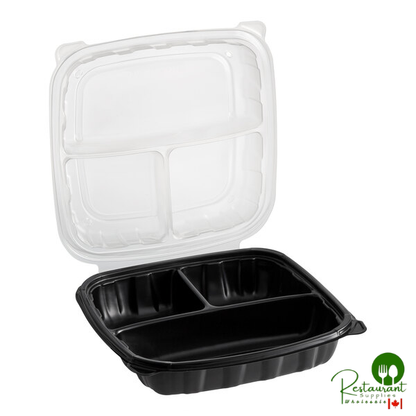 9" x 9" x 3" Microwaveable 3-Compartment Black / Clear Plastic Hinged Container By Prime - 100/Case