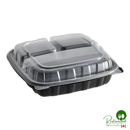 9" x 9" x 3" Microwaveable 3-Compartment Black / Clear Plastic Hinged Container By Prime - 100/Case