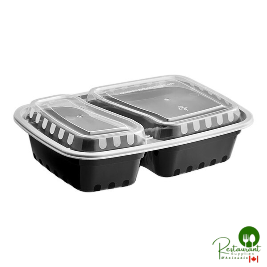 30 oz. Black 2-Compartment Rectangular Microwavable Heavy Weight Container with Lid By Prime - 150/Case