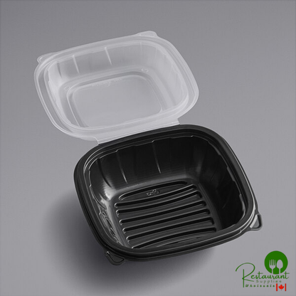 6" x 6" x 3" Microwaveable 1-Compartment Black / Clear Plastic Hinged Container By Prime - 200/Case