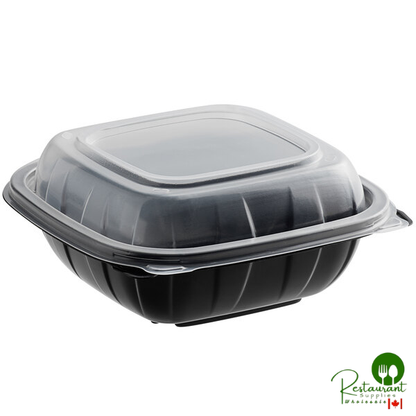 6" x 6" x 3" Microwaveable 1-Compartment Black / Clear Plastic Hinged Container By Prime - 200/Case