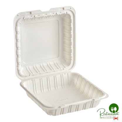 9" x 9" x 3" 1-Compartment Microwaveable White Mineral-Filled Plastic Hinged Take-Out Container By Prime - 150/Case