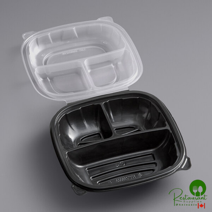 8" x 8" x 3" Microwaveable 3-Compartment Black / Clear Plastic Hinged Container By Prime - 100/Case