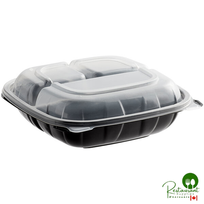 8" x 8" x 3" Microwaveable 3-Compartment Black / Clear Plastic Hinged Container By Prime - 100/Case
