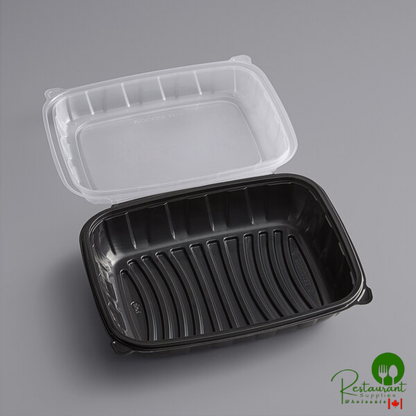 11" x 8 1/2" x 3" Microwaveable 1-Compartment Black / Clear Plastic Hinged Container By Prime - 100/Case