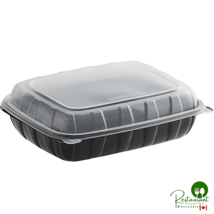 11" x 8 1/2" x 3" Microwaveable 1-Compartment Black / Clear Plastic Hinged Container By Prime - 100/Case