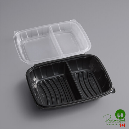 11" x 8 1/2" x 3" Microwaveable 2-Compartment Black / Clear Plastic Hinged Container By Prime - 100/Case