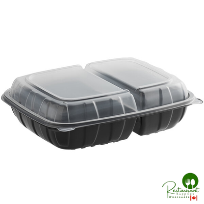 11" x 8 1/2" x 3" Microwaveable 2-Compartment Black / Clear Plastic Hinged Container By Prime - 100/Case