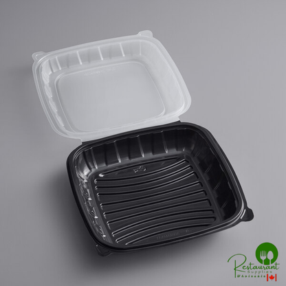10" x 10" x 3" Microwaveable 1-Compartment Black / Clear Plastic Hinged Container By Prime - 100/Case