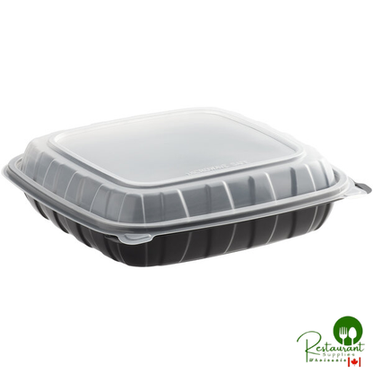 10" x 10" x 3" Microwaveable 1-Compartment Black / Clear Plastic Hinged Container By Prime - 100/Case