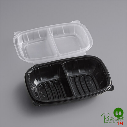 9" x 6" x 3" Microwaveable 2-Compartment Black / Clear Plastic Hinged Container By Prime - 100/Case
