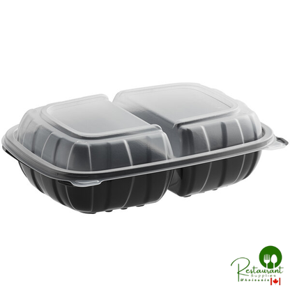 9" x 6" x 3" Microwaveable 2-Compartment Black / Clear Plastic Hinged Container By Prime - 100/Case