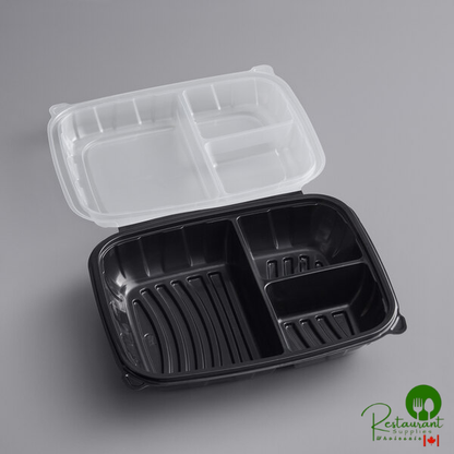 11" x 8 1/2" x 3" Microwaveable 3-Compartment Black / Clear Plastic Hinged Container By Prime - 100/Case