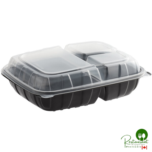 11" x 8 1/2" x 3" Microwaveable 3-Compartment Black / Clear Plastic Hinged Container By Prime - 100/Case